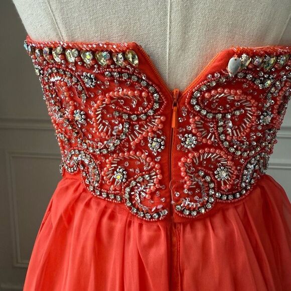 Sherri Hill Sweetheart Strapless Beaded Coral Formal Gown Prom Pagent Dress 0972 - Picture 5 of 10